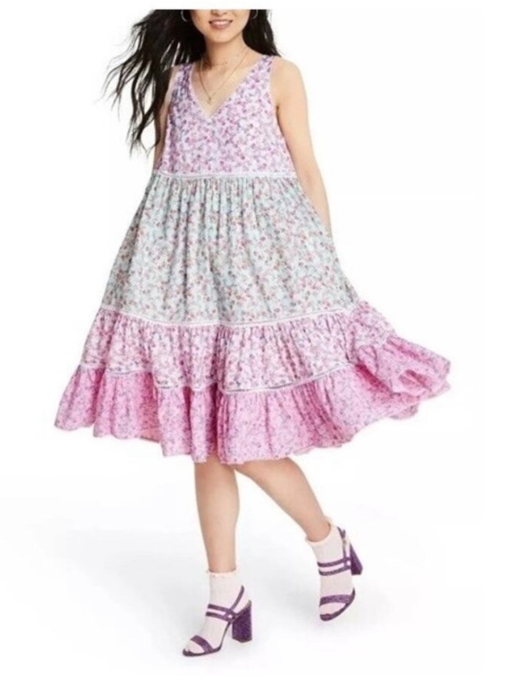 LoveShackFancy Pink Floral Tiered V-Neck Sundress